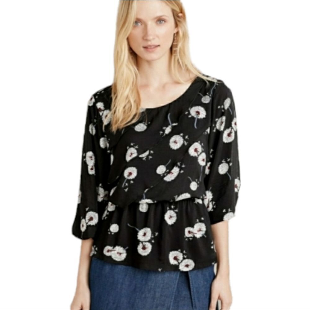 ANTHROPOLOGIE Deletta blouse wished blooms 3/4 sleeve black rayon top M
